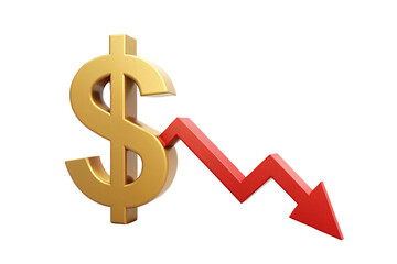 Obraz premium A large gold dollar sign with a red arrow pointing downwards, indicating a decline in financial value or economic loss, isolated on a transparent background