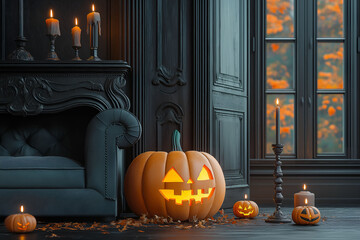 Obraz premium Mysterious dark Halloween interior. Apartment with scary creepy elements. Mystic halloween decoration in the room.