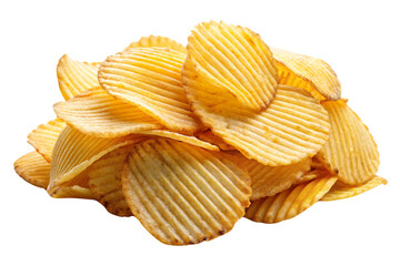 A mound of ridged potato chips, stacked haphazardly, isolated on a transparent background. The chips' wavy ridges catch the light, emphasizing their crispy texture and golden color