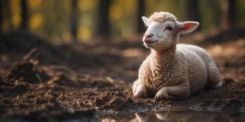 lamb of god little lamb standing in the mud at the edge of the forest.