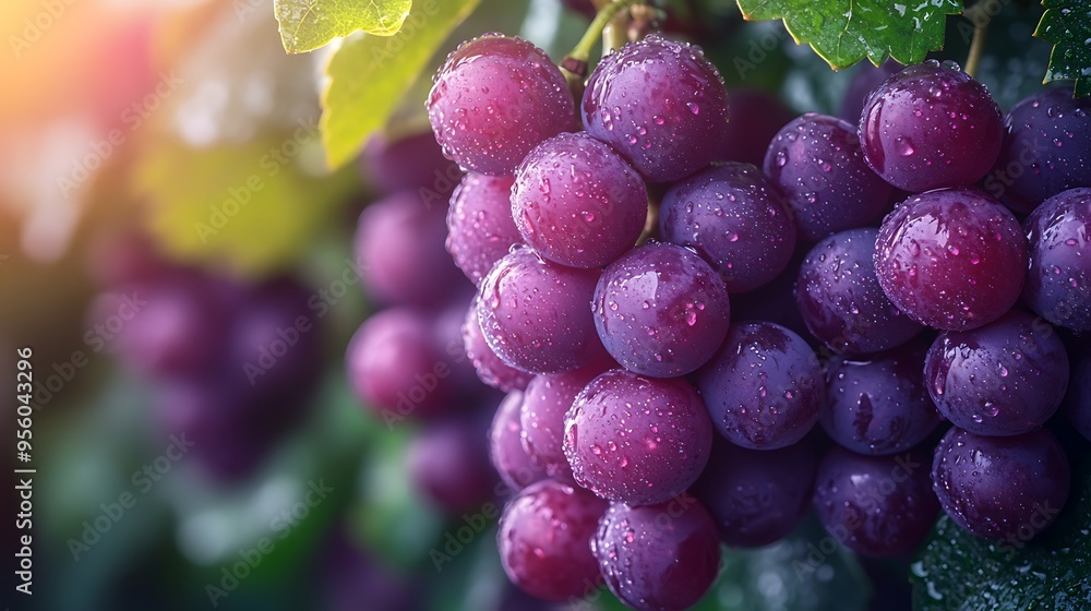 Poster Dew-kissed grapes hanging from the vine in the early morning light, a close-up shot emphasizing the freshness and rich color of the fruit, with a soft-focus background of green leaves,