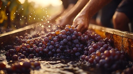 Grape stomping in progress, with multiple people crushing grapes with their feet in a traditional vat,