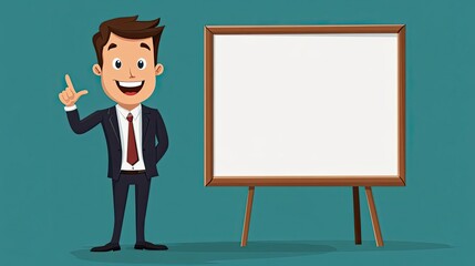 Cartoon Businessman Pointing to Blank Whiteboard