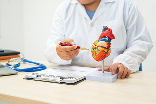 A female doctor works at a desk in the hospital,discussing heart diseases such as coronary artery disease,arrhythmia,heart valve stenosis,heart failure congenital heart disease, emphasizing symptoms