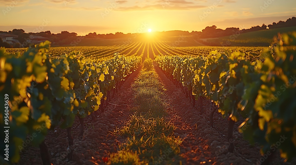 Poster Ground-level shot of vineyard rows stretching into the distance, the perfect symmetry of the grapevines emphasized by the golden light of sunset, creating a serene and orderly atmosphere,