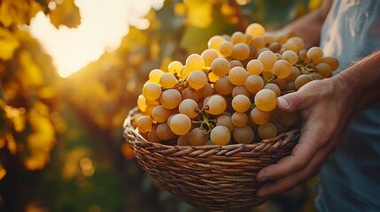 Harvest time in a vineyard, with workers hand-picking grapes and placing them into baskets brimming with ripe fruit, warm sunlight highlighting the rich colors of the grapes and leaves,