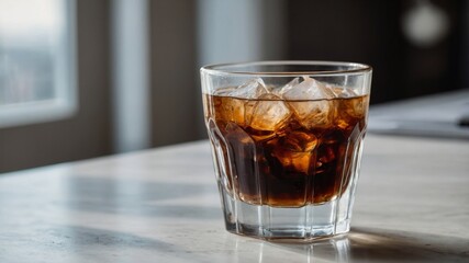 Coffee with ice in a crystal glass on the white table in natural light.