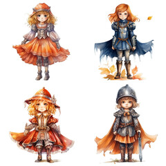 Fototapeta premium Four Watercolor Illustrations of Young Girls in Fantasy Costumes
