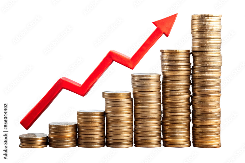 Aufkleber a red upward arrow moves over stacks of coins increasing in height, isolated on a transparent backgr