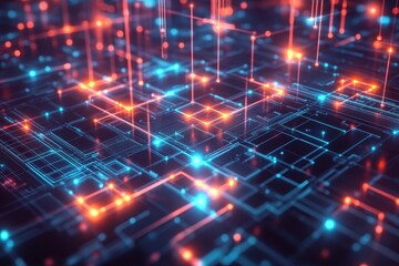 A digital abstract representation of interconnected circuits and glowing nodes.