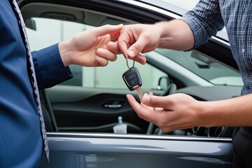 Expert Advisor Hands Over Car Keys to Satisfied Customer in Pre-Owned Vehicle Purchase