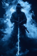 Obraz premium Japanese samurai warrior. Mighty ninja with swords. Cool poster of asian fighter with katana.