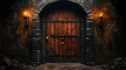 Fototapeta premium The entrance to an old wine cellar, featuring a massive, intricately carved wooden door with iron accents, the scene bathed in soft, warm light, creating a sense of mystery and anticipation,