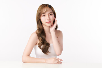 Fototapeta premium Beautiful young asian woman with clean fresh skin on white background, Face care, Facial treatment, Cosmetology, beauty and spa, Asian women portrait.