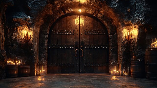 The entrance to an old wine cellar, featuring a massive, intricately carved wooden door with iron accents, the scene bathed in soft, warm light, creating a sense of mystery and anticipation,