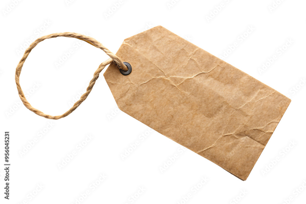Poster a view of a brown paper tag, slightly crumpled with a twisted string loop, isolated on a transparent