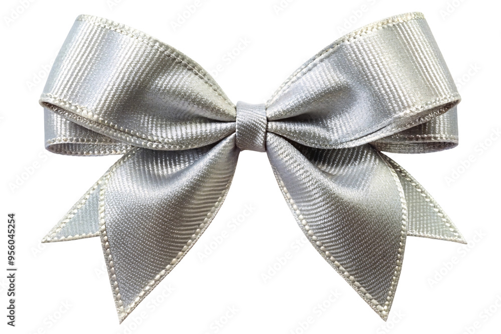 Poster a symmetrical silver satin bow with pointed edges, displaying a delicate, textured fabric with a sub