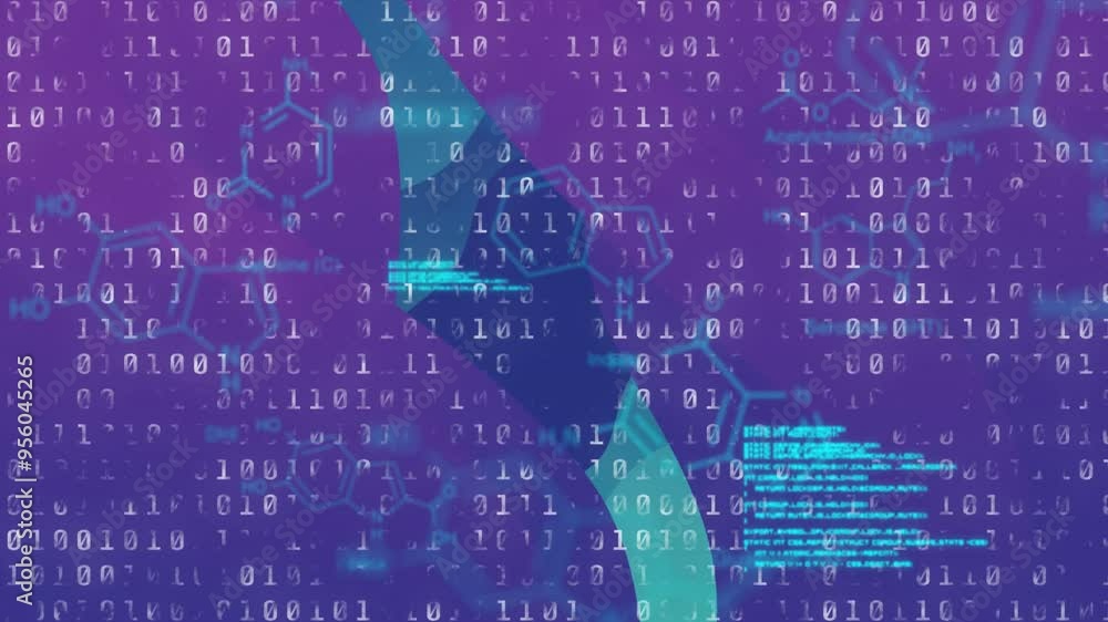 Poster binary code and geometric shapes, data processing animation over purple background