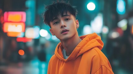 Fototapeta premium Stylish Asian Man with Fashionable Fringe Hairstyle in Casual Wear