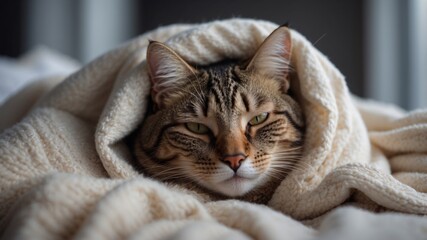 Cozy tabby cat sleeping in soft white blanket.