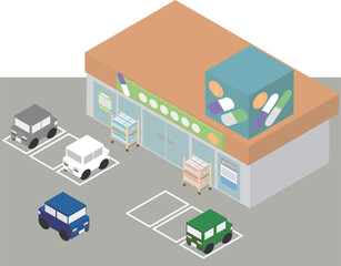 Obraz premium アイソメトリックなドラッグストアと駐車場のイラスト