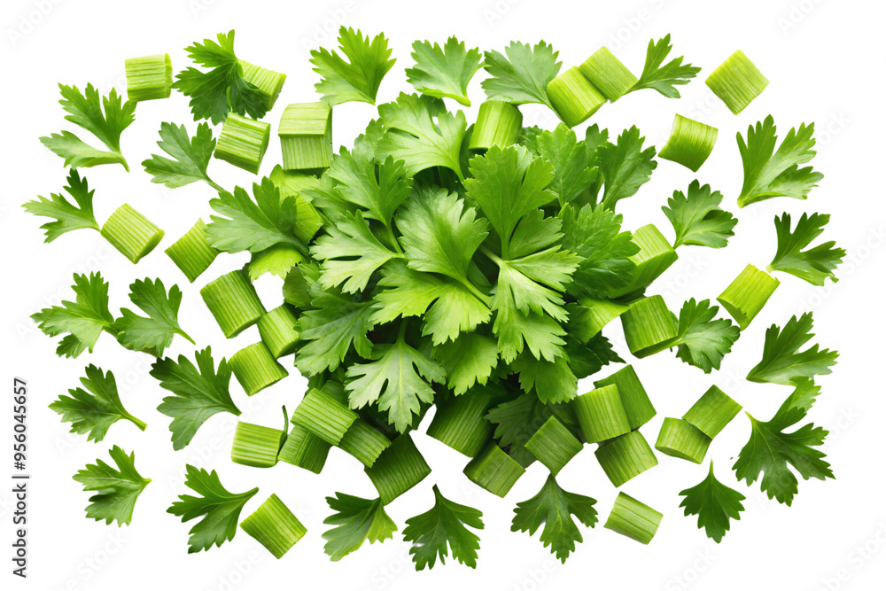 Poster an assortment of chopped and whole celery leaves arranged in a circular pattern, isolated on a trans