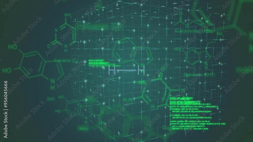 Poster chemical formulas and molecular structures animation over green grid background