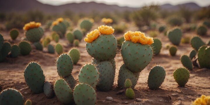 Prickly pear cactus in an arid landscape, with flat, paddle-shaped pads and vibrant nopales fruit, displaying the cactus's resilience and colorful appeal.