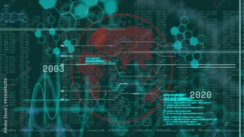 Aufkleber digital world map and data processing animation over scientific data and hexagonal patterns