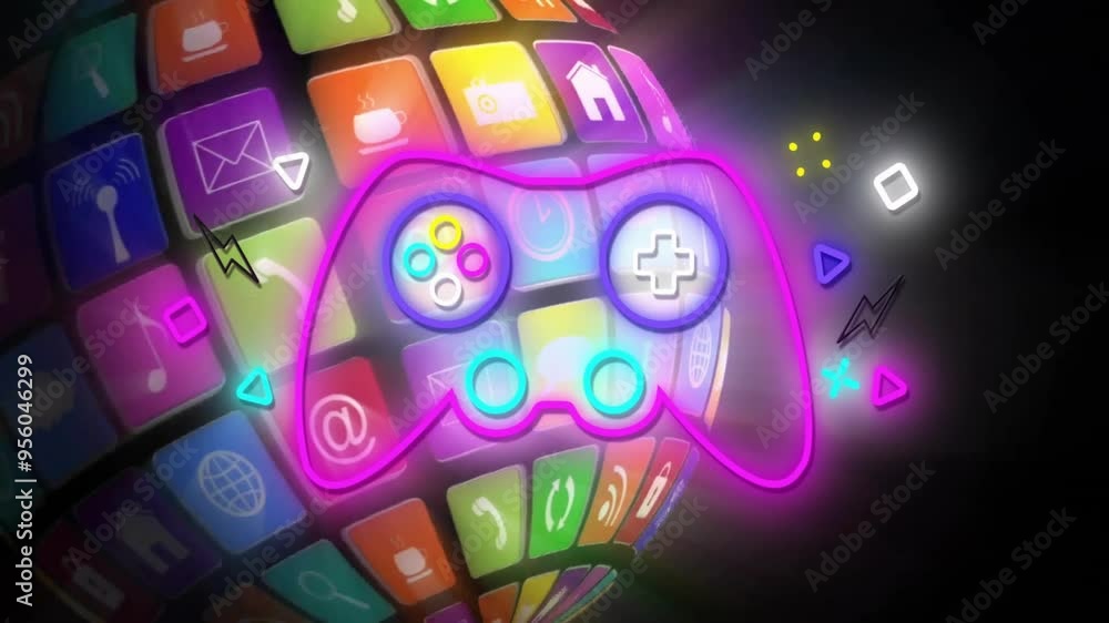 Poster game controller icon animation over colorful app icons on spherical surface