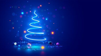 Christmas tree on Christmas poster in electronic technology style. New year, merry christmas congratulations card in computer tech design. Template Christmas cards in style of digital technology.