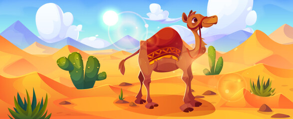 Arabian or Egyptian desert landscape with cute camel with saddle on background of sand dunes, green cactus and grass under blue sunny sky. Cartoon vector African animal in drought yellow sandy hills. © klyaksun