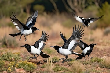 Clever Magpie Birds Soaring in Flight Amidst Wild Natural Landscape