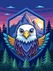 Obraz premium Majestic Eagle with Mountain Landscape and Forest at Sunset