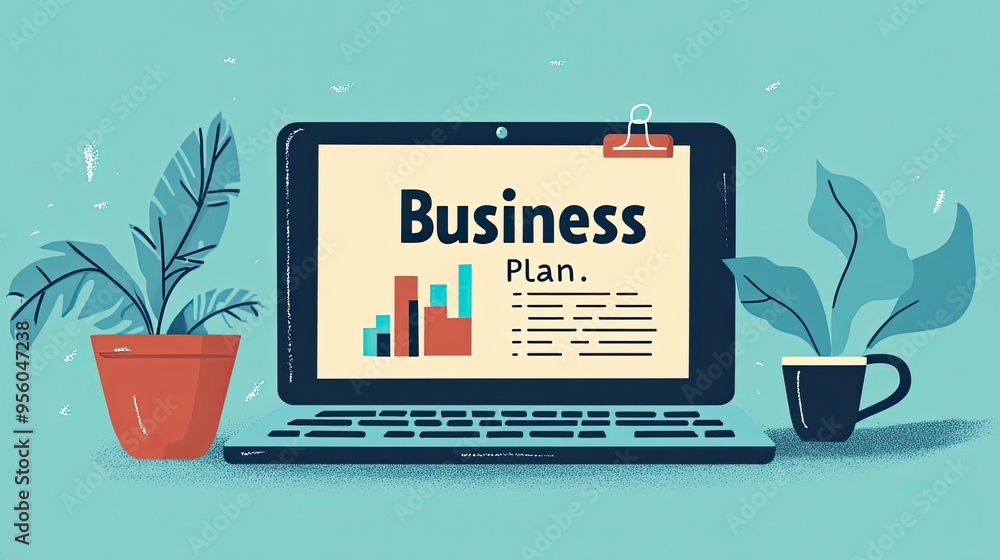 Poster laptop screen displaying a business plan with a bar graph