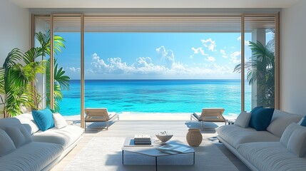 Contemporary Room With A Spectacular Ocean View 3d Rendered Interior Design Background