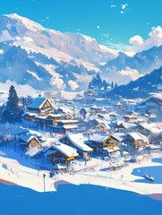 Fototapeta premium Enchanting Northeast China Snow Village: Anime-Inspired Winter Wonderland. Vibrant Illustration of Fairy-Tale Town for Home Decor, NFT Art, and Tourism Marketing. Perfect for Wallpapers, Apparel Desig