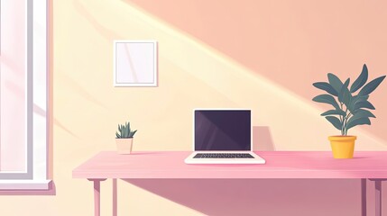 Pink Desk with Laptop, Plant, and Sunlight