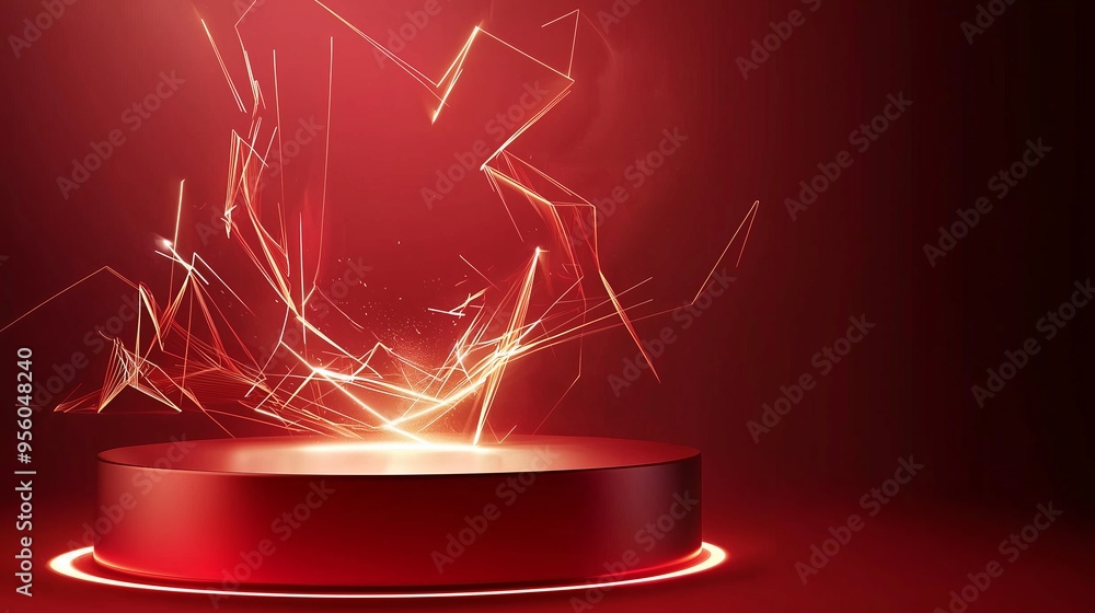 Poster a modern 3d podium with empty space, surrounded by dynamic light shards, set against a dark red back