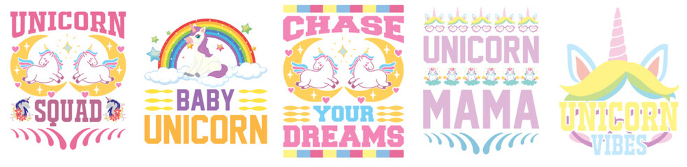 Creative Unicorn Tshirt Design Bundle Quotes, Typographic Emblems Bundle Vector Illustration for Label, Packaging, Flyer