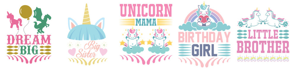 Simple Unicorn Tshirt Design Bundle Inscriptions, Typography Bundle Vector Illustration for Poster, Logo, Holiday Cards