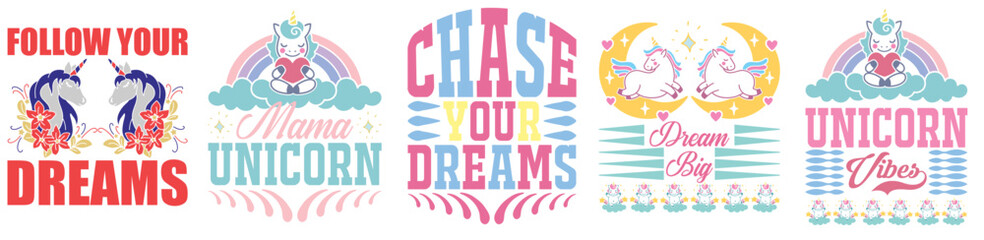 Cute Unicorn Tshirt Design Bundle Calligraphic Lettering, Phrases Pack Vector Illustration for Advertising, Motion Graphics, Announcement