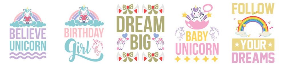 Decorative Unicorn Tshirt Design Bundle Quotes, Labels And Badges Pack Vector Illustration for Flyer, Printing Press, Bookmark