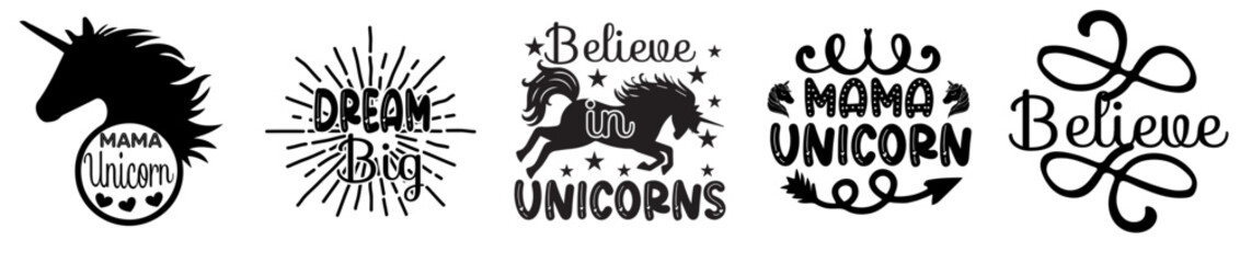 Decorative Unicorn Design Bundle Quotes, Typographic Emblems Collection Vector Illustration for Mug Design, Icon, Advertisement