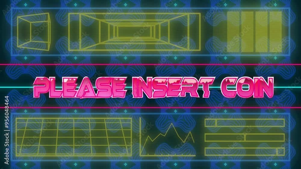Poster please insert coin text animation over retro arcade game graphics