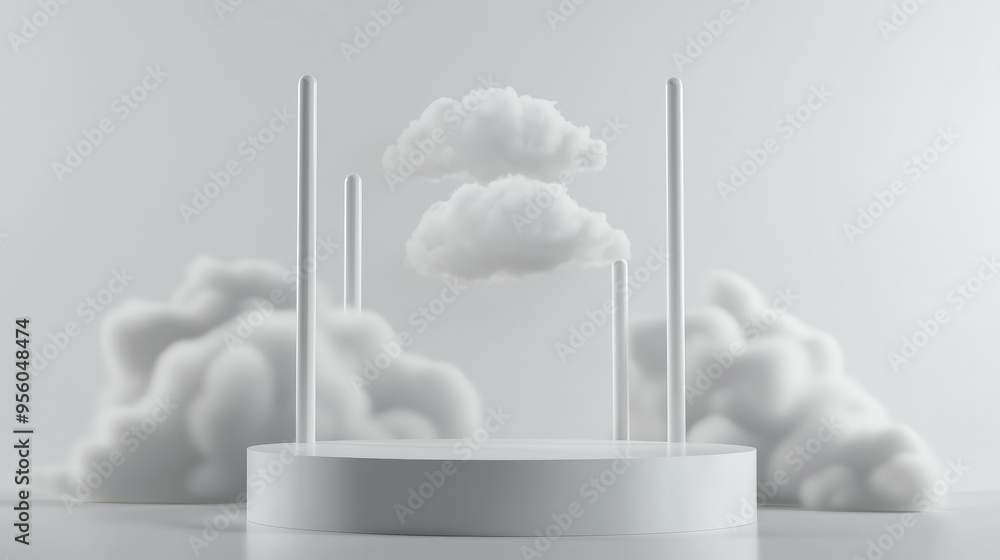 Poster a sleek 3d podium with a large empty area, framed by abstract cloud shapes, set against a white back