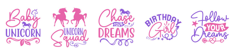 Creative Unicorn Bundle Calligraphy, Phrases Pack Vector Illustration for Magazine, Infographic, Decal