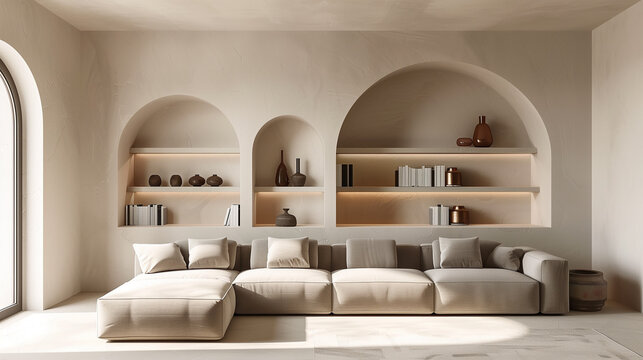Living room with a sofa and a wall featuring an arched niche with built-in shelves. interior design concept 