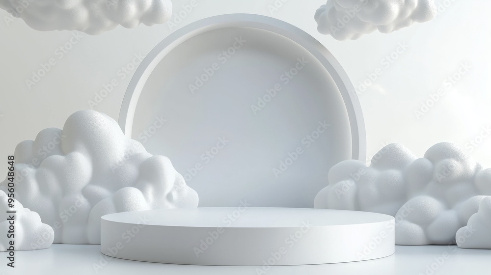 Poster a sleek 3d podium with a large empty area, framed by abstract cloud shapes, set against a white back