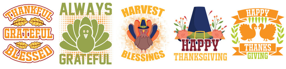 Simple Thanksgiving Tshirt Design Bundle Quotes, Inscriptions Set Vector Illustration for T-Shirt Design, Decal, Printable